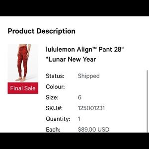 Lululemon Lunar New Year align leggings 28”